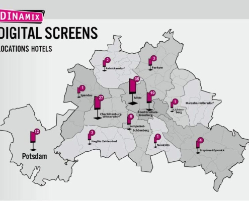 Digitale Screens sind Bildschirme für großformatige Werbung und Infos für Hotelgaeste und Touristen in Hotels und Hostels Ambient Media